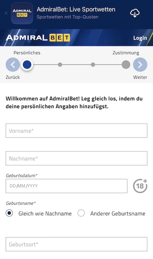 Formular zum AdmiralBet registrieren